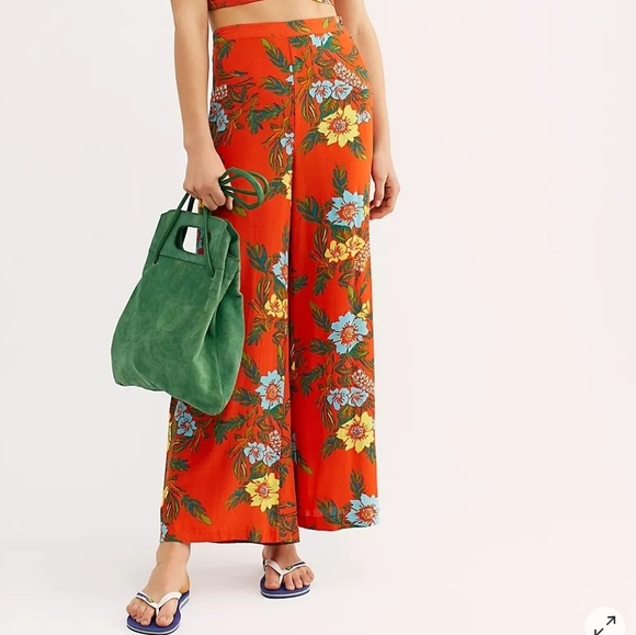 Free People Pants - Free People Blue Horizon Wide Leg Flowy Tropical Boho Orange Floral Pants Size 4